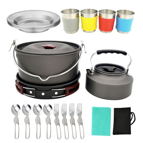 22pcs/ Set Aluminum Alloy Cooking Kits Utensils Picnic Pot Camping