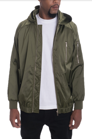 HOODIE SATIN BOMBER- OLIVE